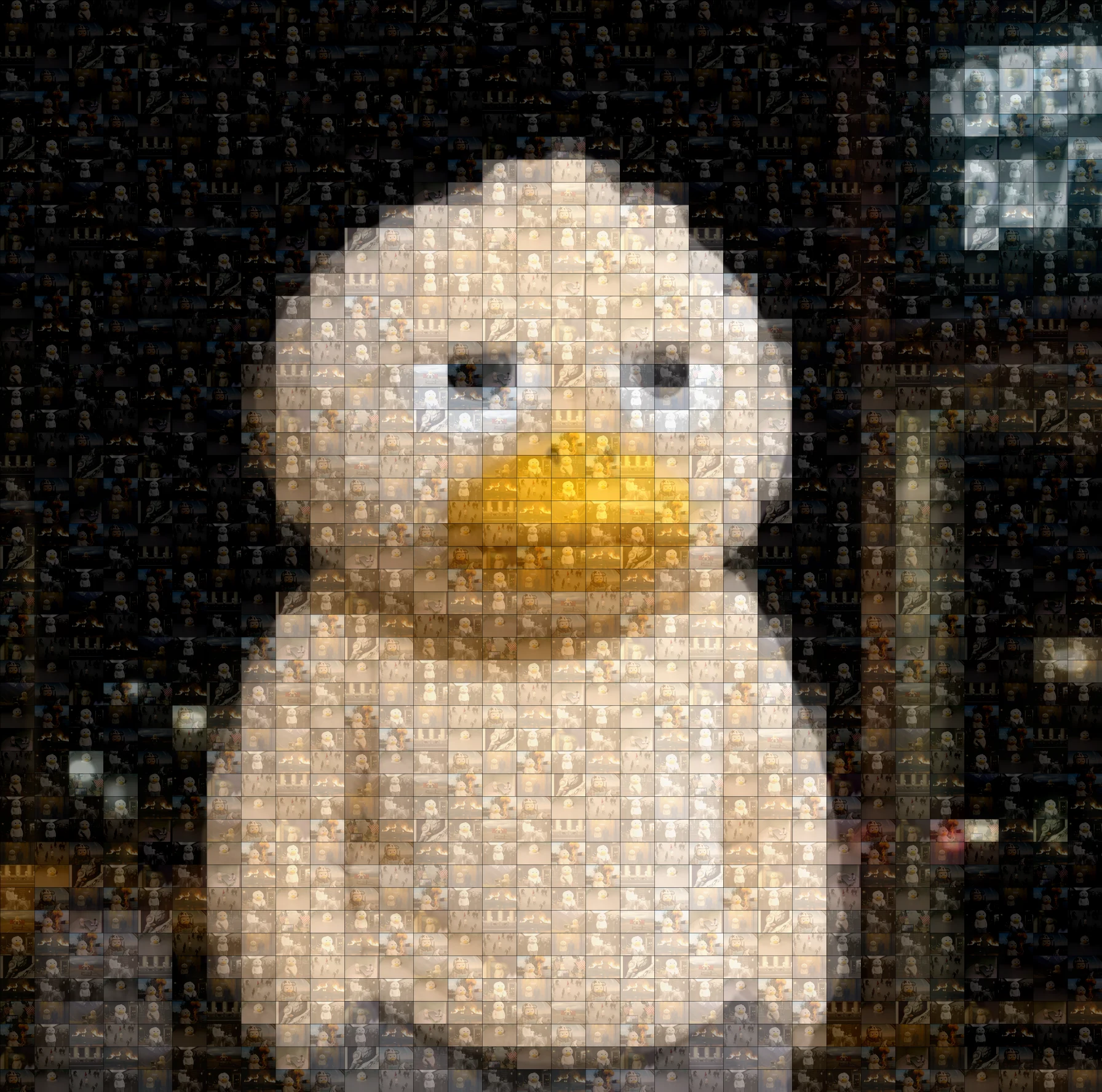 The original duck revealed through the photographic mosaic.