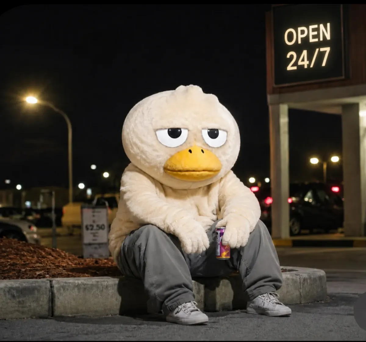 Waddever sits outside the shop, still looking uninterested.